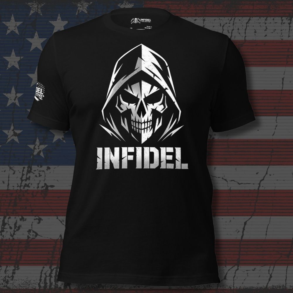Black t-shirt with white skull design and 'INFIDEL' text on an American flag background