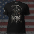 Infidel standing reaper with raised scythe front print black tee from Infidel Collective