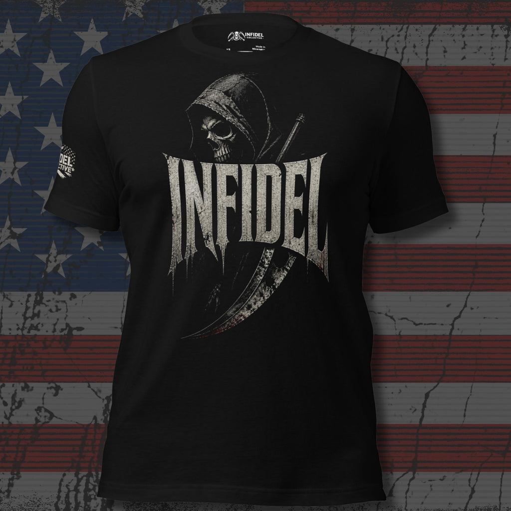 Infidel hooded reaper scythe graphic black tee from Infidel Collective