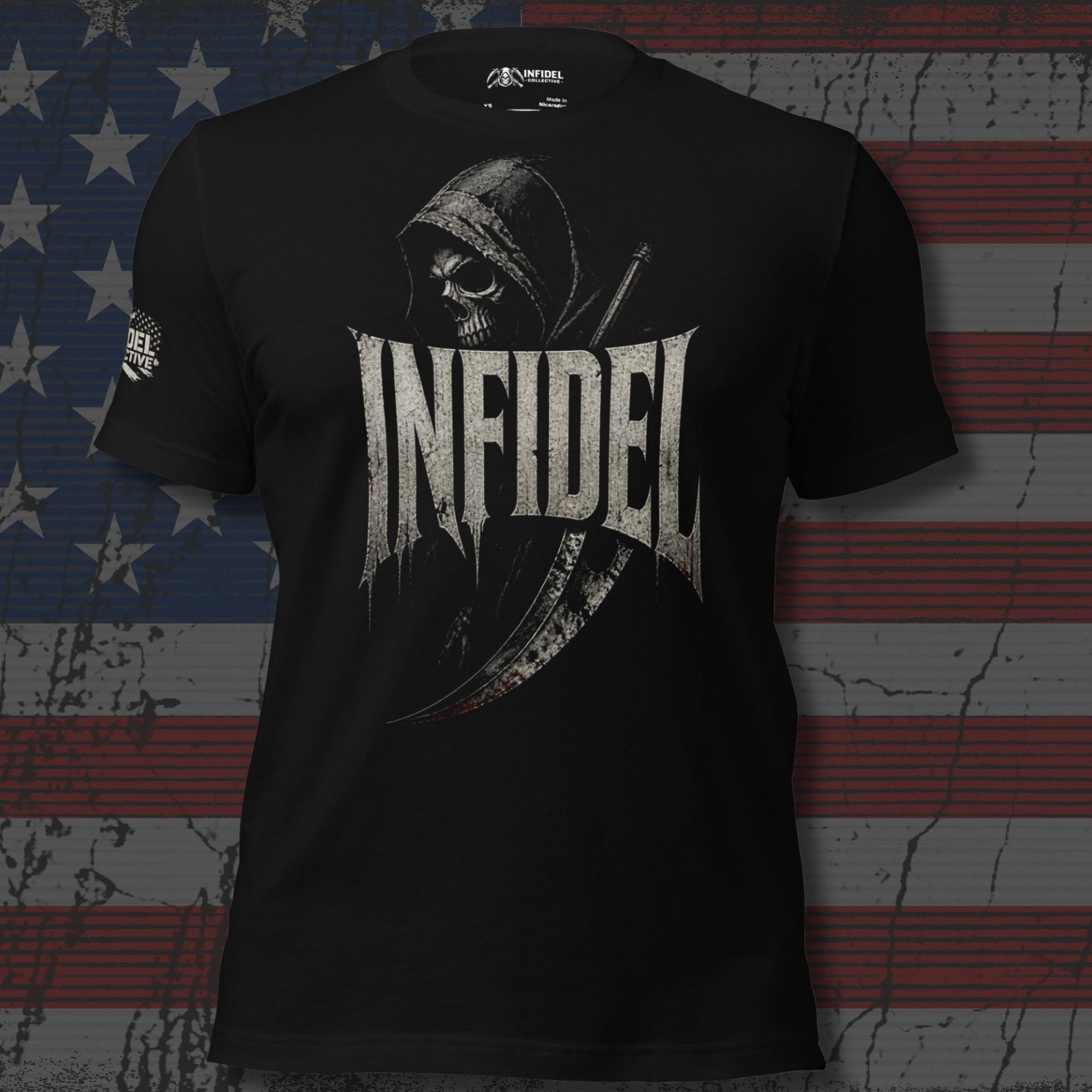 Infidel hooded reaper scythe graphic black tee from Infidel Collective