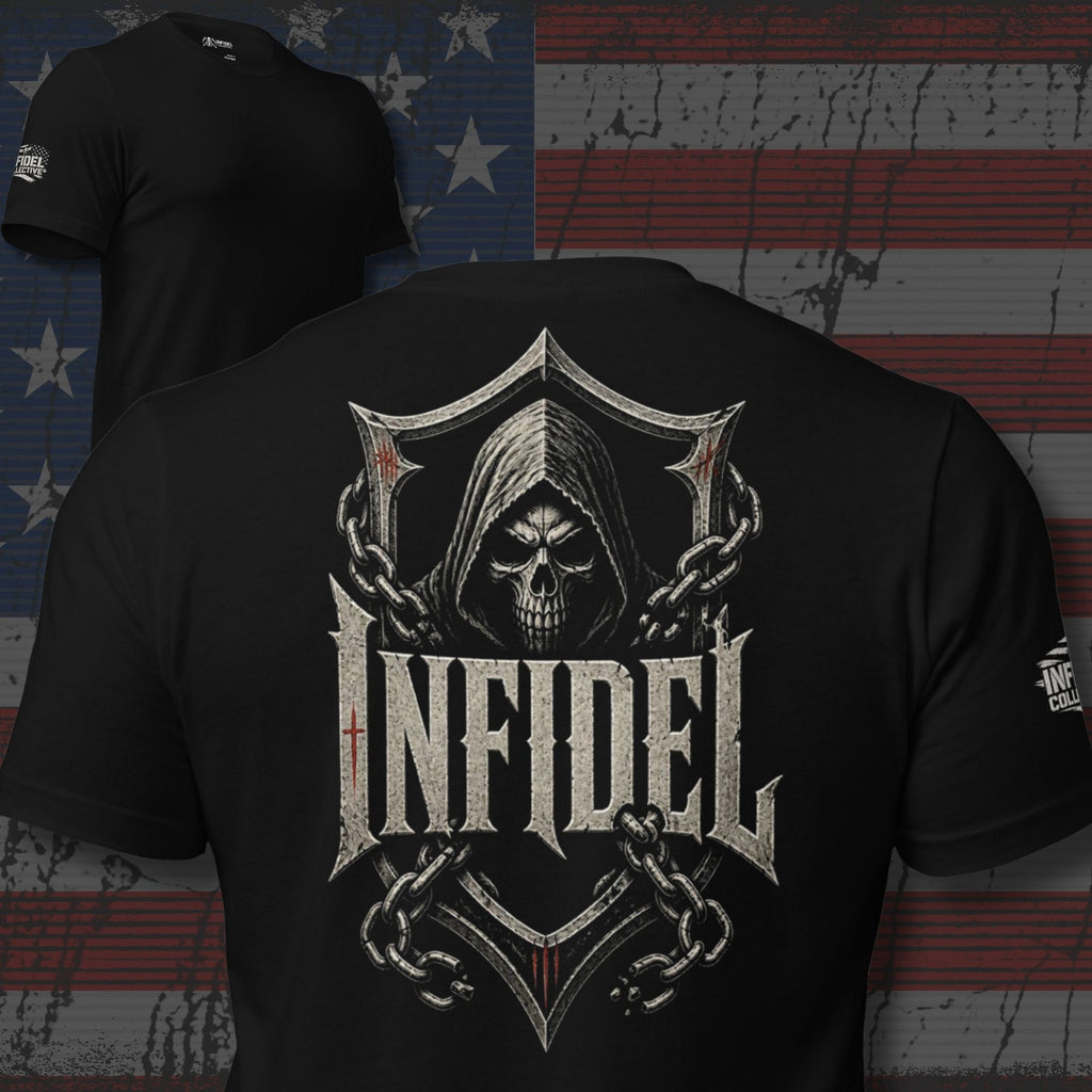 Black Infidel Collective tee with back print featuring hooded skull, shield, chains, and INFIDEL text graphic