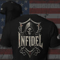 Infidel hooded reaper shield wrapped in chains back print black tee from Infidel Collective