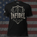 Infidel hooded reaper shield wrapped in chains front print black tee from Infidel Collective