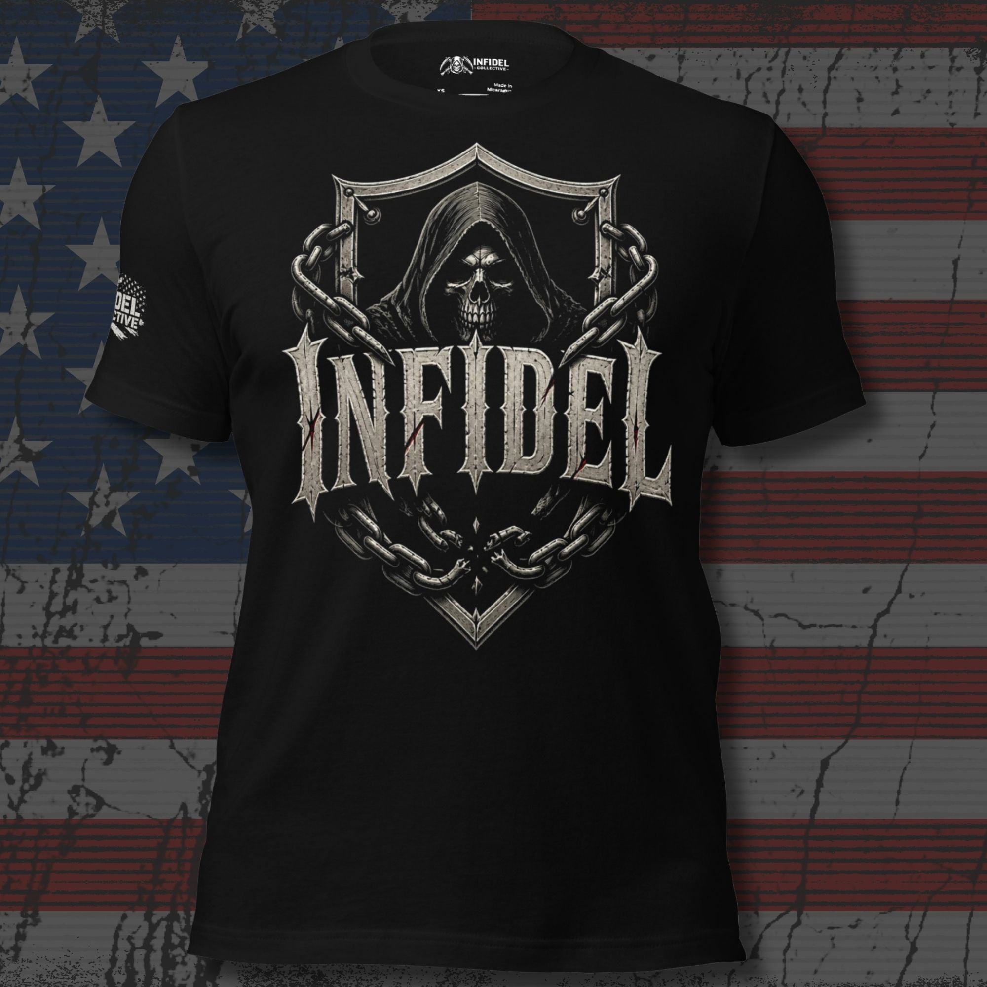 Black Infidel Collective tee with front print featuring hooded skull, shield, chains, and INFIDEL text graphic