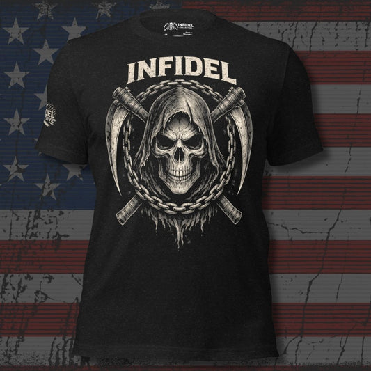 Black t-shirt with skull and crossed swords design on a distressed American flag background