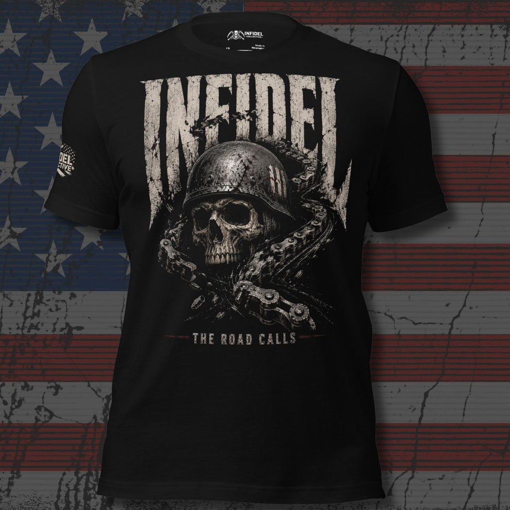 Infidel Road Calls broken chain skull biker graphic black tee