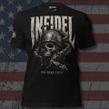 Infidel biker skull with broken chain and The Road Calls front print black tee from Infidel Collective