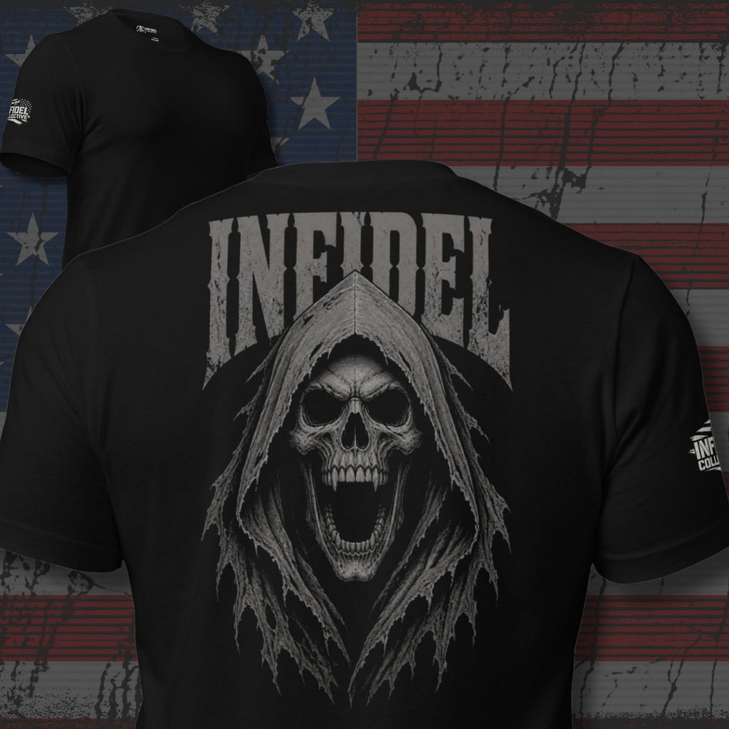 Infidel screaming hooded reaper back print black tee from Infidel Collective