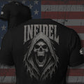 Infidel screaming hooded reaper back print black tee from Infidel Collective