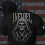 Infidel screaming hooded reaper back print black tee from Infidel Collective