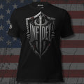 Infidel sword and battle shield front print black tee from Infidel Collective