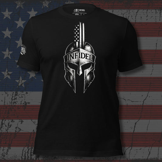 Black t-shirt with Spartan helmet graphic and 'Infidel' text on an American flag background