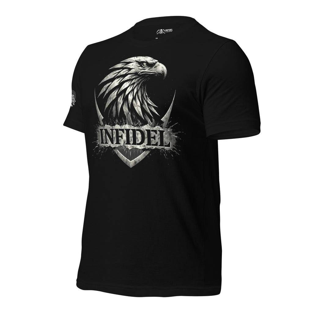 Black t-shirt with an eagle graphic and 'Infidel' text on a white background