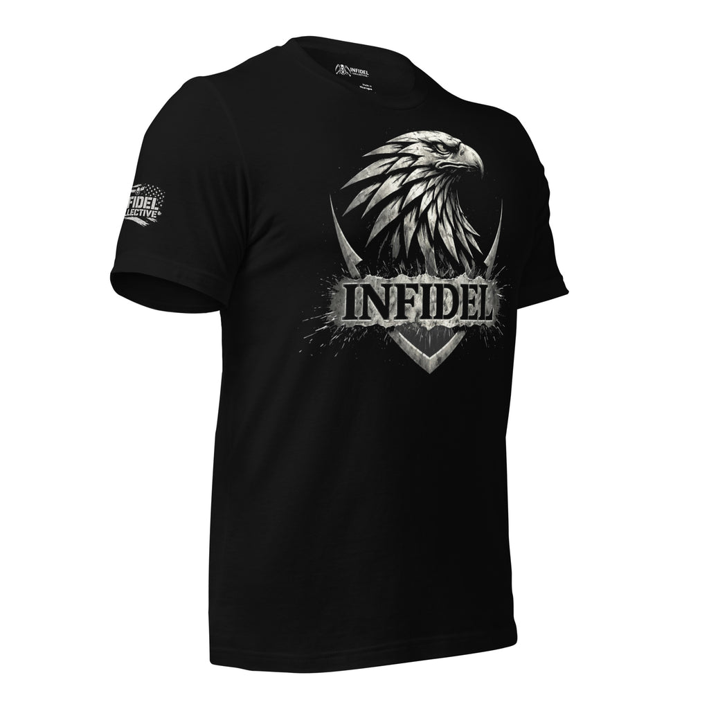 Black t-shirt with an eagle design and 'Infidel' text on a white background