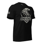 Black t-shirt with an eagle design and 'Infidel' text on a white background