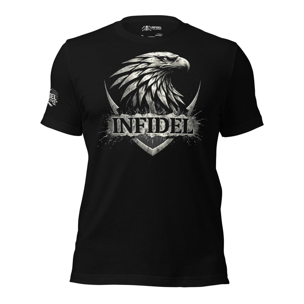 Black t-shirt with a graphic design and 'INFIDEL' on a white background