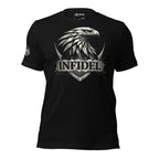 Black t-shirt with a graphic design and 'INFIDEL' on a white background