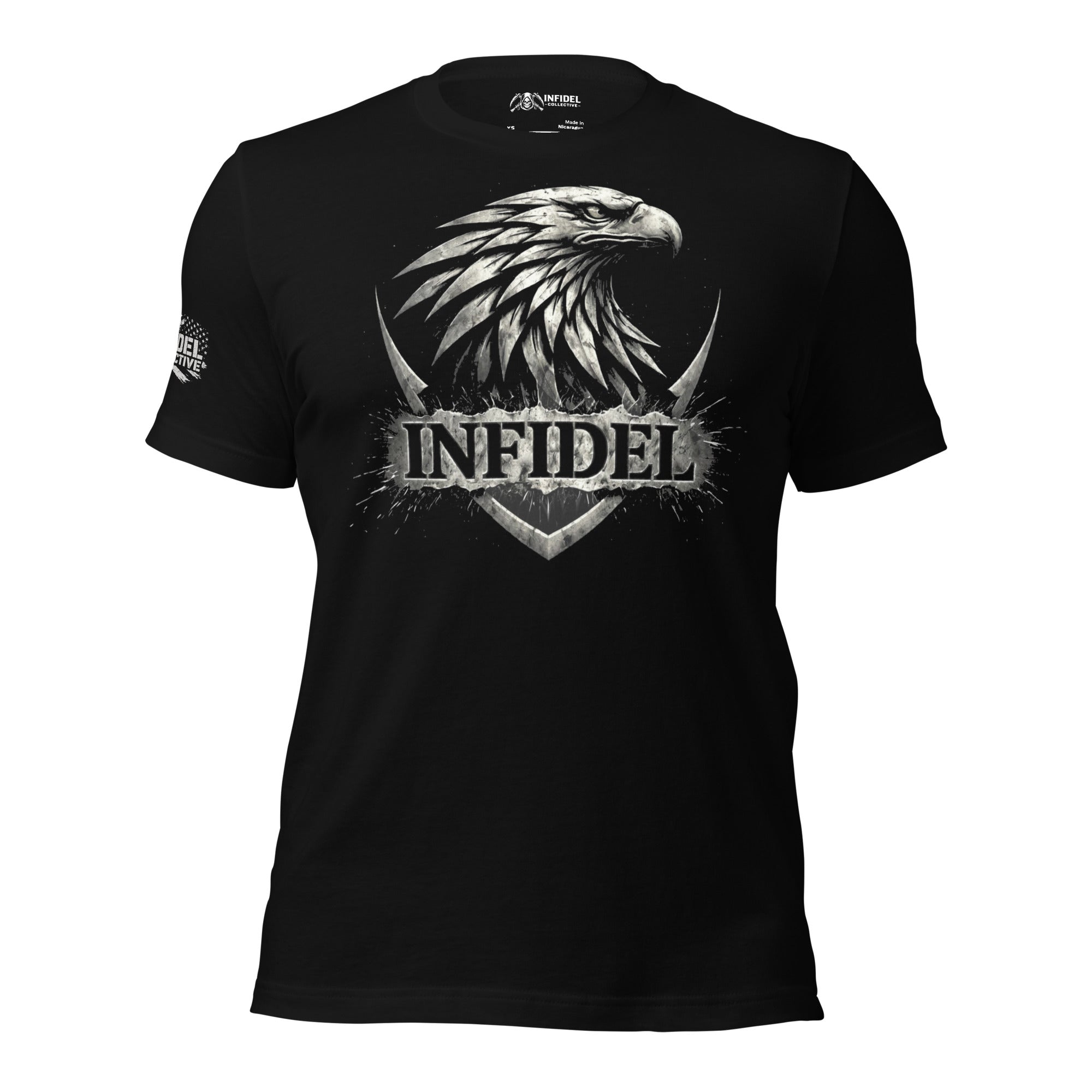 Black t-shirt with a graphic design and 'INFIDEL' on a white background