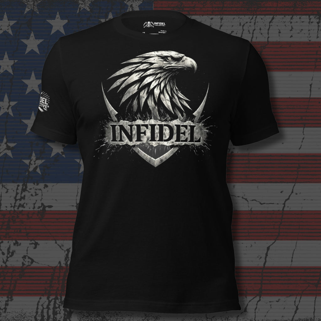 Black t-shirt with eagle design and 'Infidel' text against a distressed American flag background