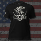 Black t-shirt with eagle design and 'Infidel' text against a distressed American flag background