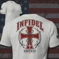 Infidel Unbowed red cross heart and thorn wreath back print gray tee from Infidel Collective