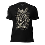 Black Infidel Valkyrie Warrior tee with front print featuring winged warrior skull holding battle axe and INFIDEL text