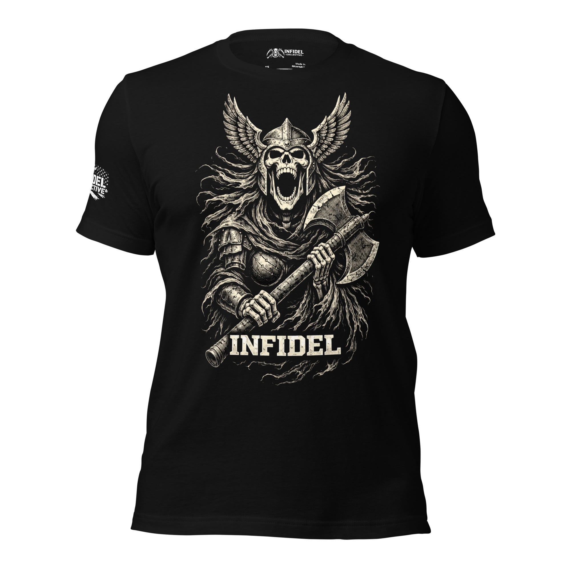 Black Infidel Valkyrie Warrior tee with front print featuring winged warrior skull holding battle axe and INFIDEL text