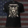 Infidel Valkyrie with horned helm and crossed blades front print black tee from Infidel Collective