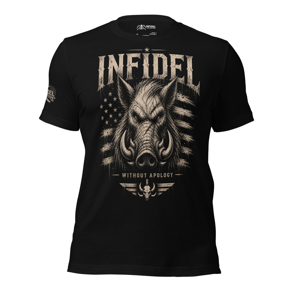 Black Infidel War Pig Without Apology tee with front print featuring wild boar head, distressed American flag graphic, and INFIDEL text
