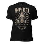 Black Infidel War Pig Without Apology tee with front print featuring wild boar head, distressed American flag graphic, and INFIDEL text