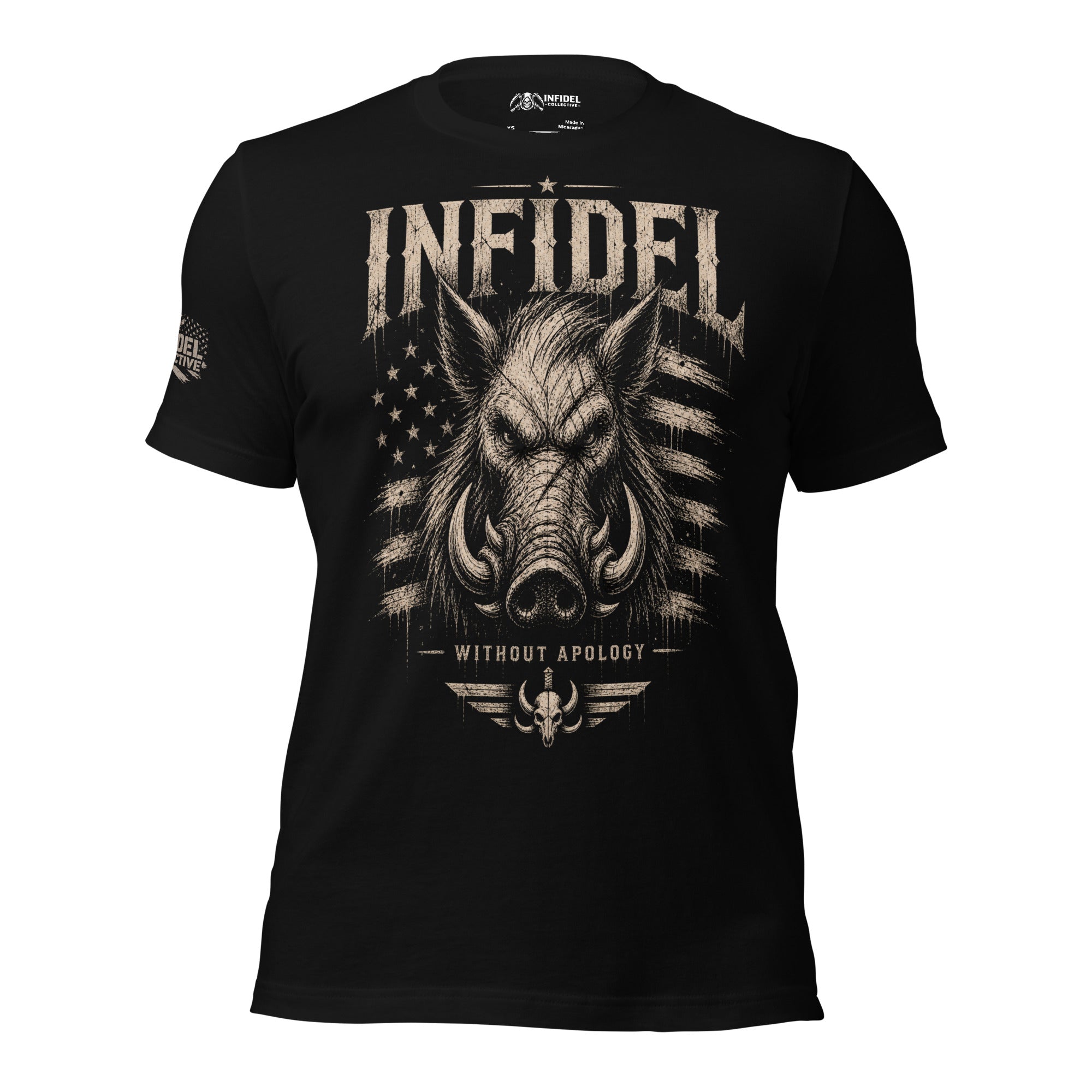 Black Infidel War Pig Without Apology tee with front print featuring wild boar head, distressed American flag graphic, and INFIDEL text