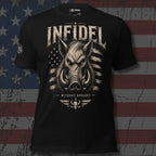 Black Infidel War Pig Without Apology tee with front print featuring wild boar head, distressed American flag graphic, and INFIDEL text