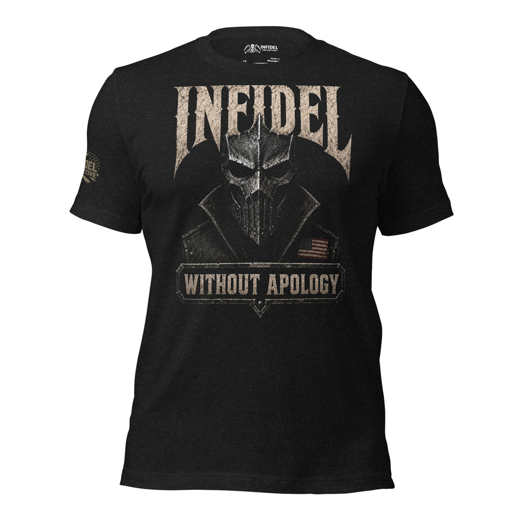 Infidel Without Apology death mask front print black tee from Infidel Collective