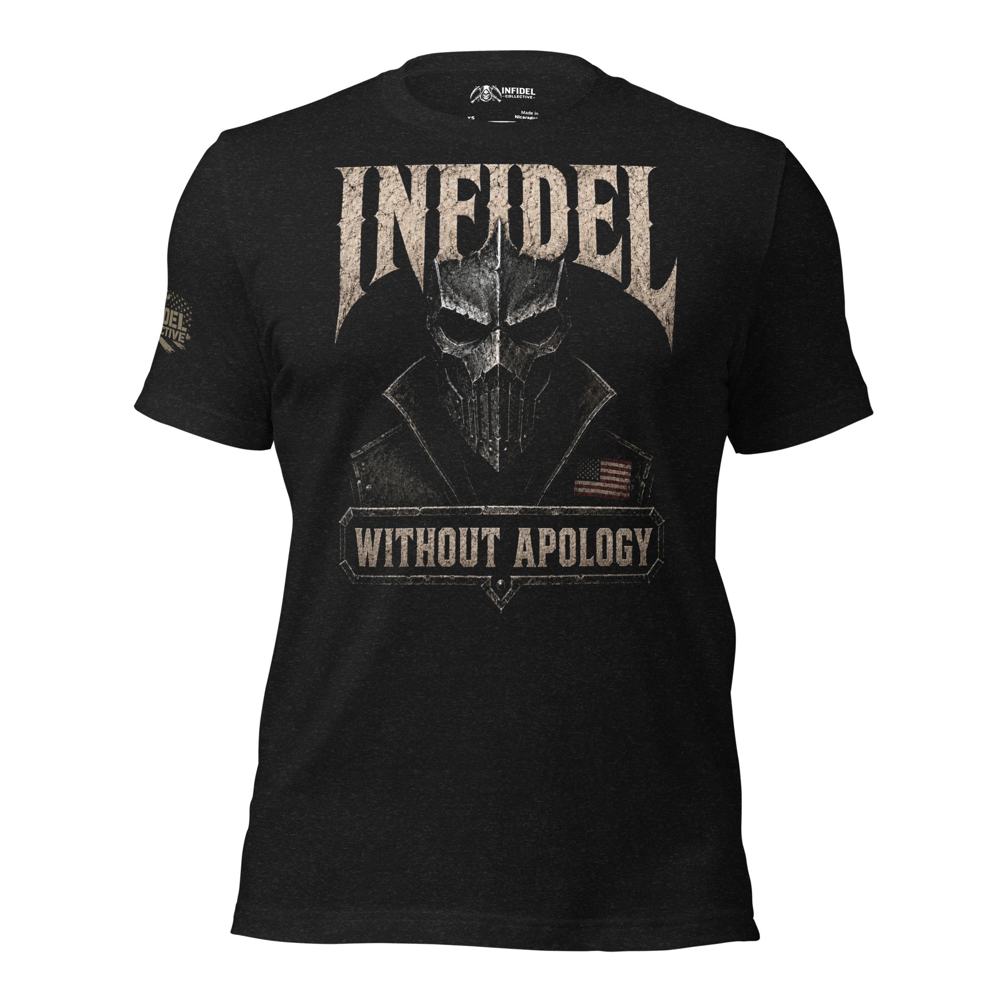 Infidel Without Apology death mask front print black tee from Infidel Collective