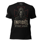 Infidel Without Apology hooded death mask front print black tee from Infidel Collective