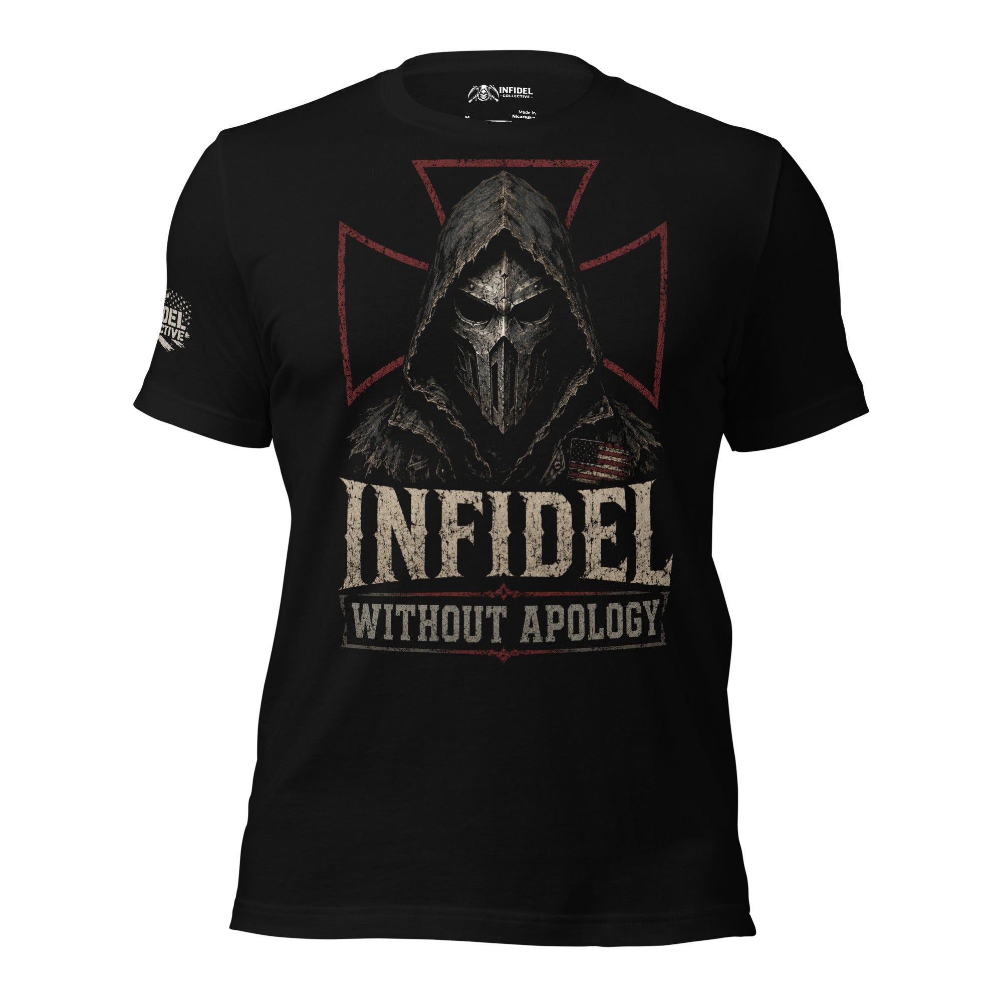 Infidel Without Apology hooded death mask front print black tee from Infidel Collective