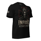 Infidel Without Apology hooded death mask front print black tee from Infidel Collective