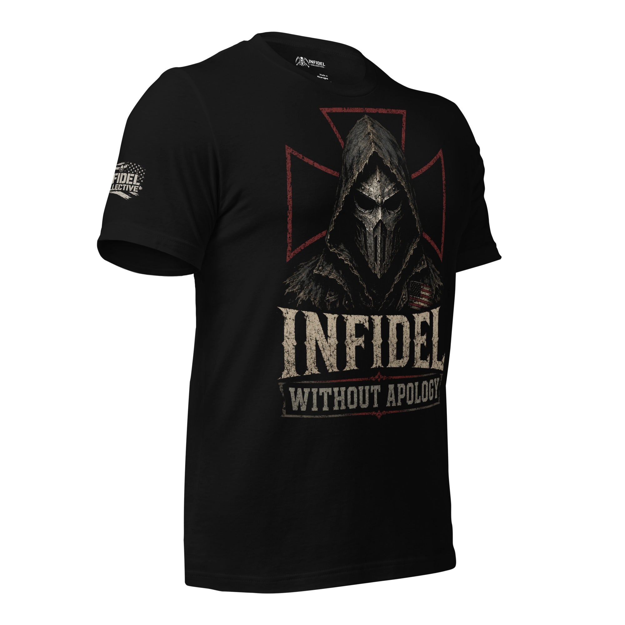 Infidel Without Apology hooded death mask front print black tee from Infidel Collective