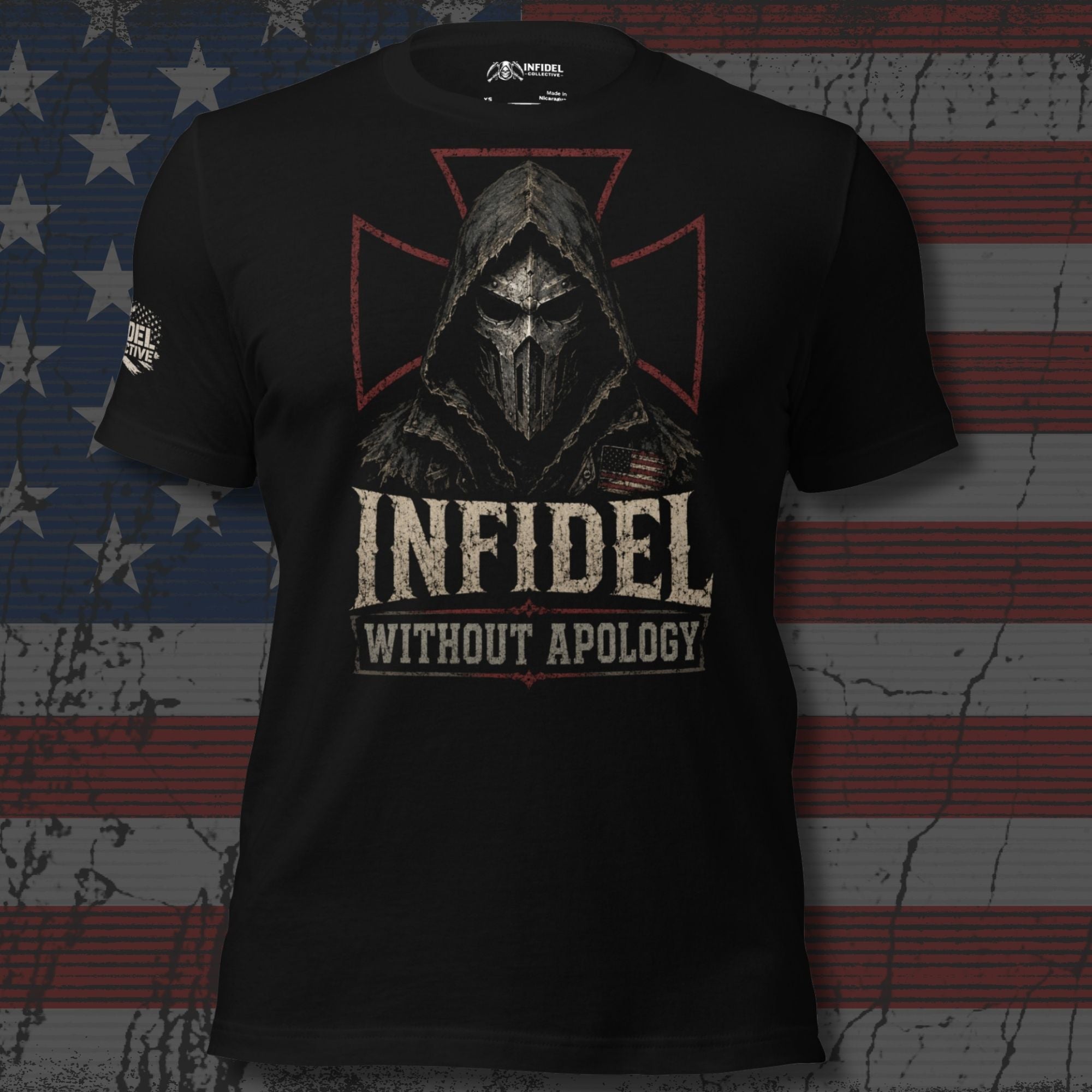 Infidel Without Apology hooded death mask front print black tee from Infidel Collective