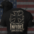 Infidel Wrong Side of Right iron cross serpent back print black tee from Infidel Collective