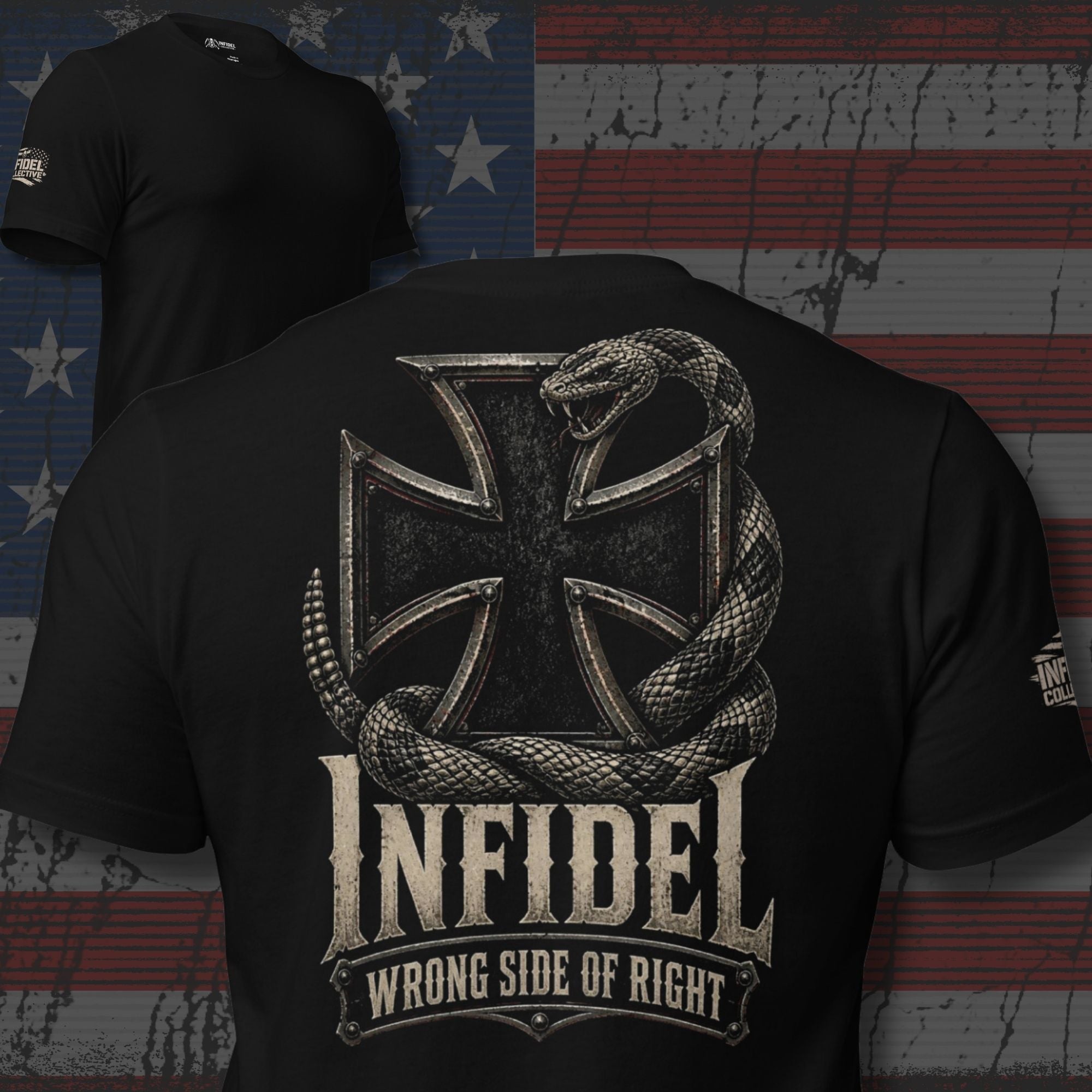 Infidel Wrong Side of Right iron cross serpent back print black tee from Infidel Collective