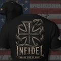 Infidel Wrong Side of Right serpent and iron cross back print black tee from Infidel Collective