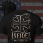 Infidel Wrong Side of Right iron cross serpent back print black tee from Infidel Collective