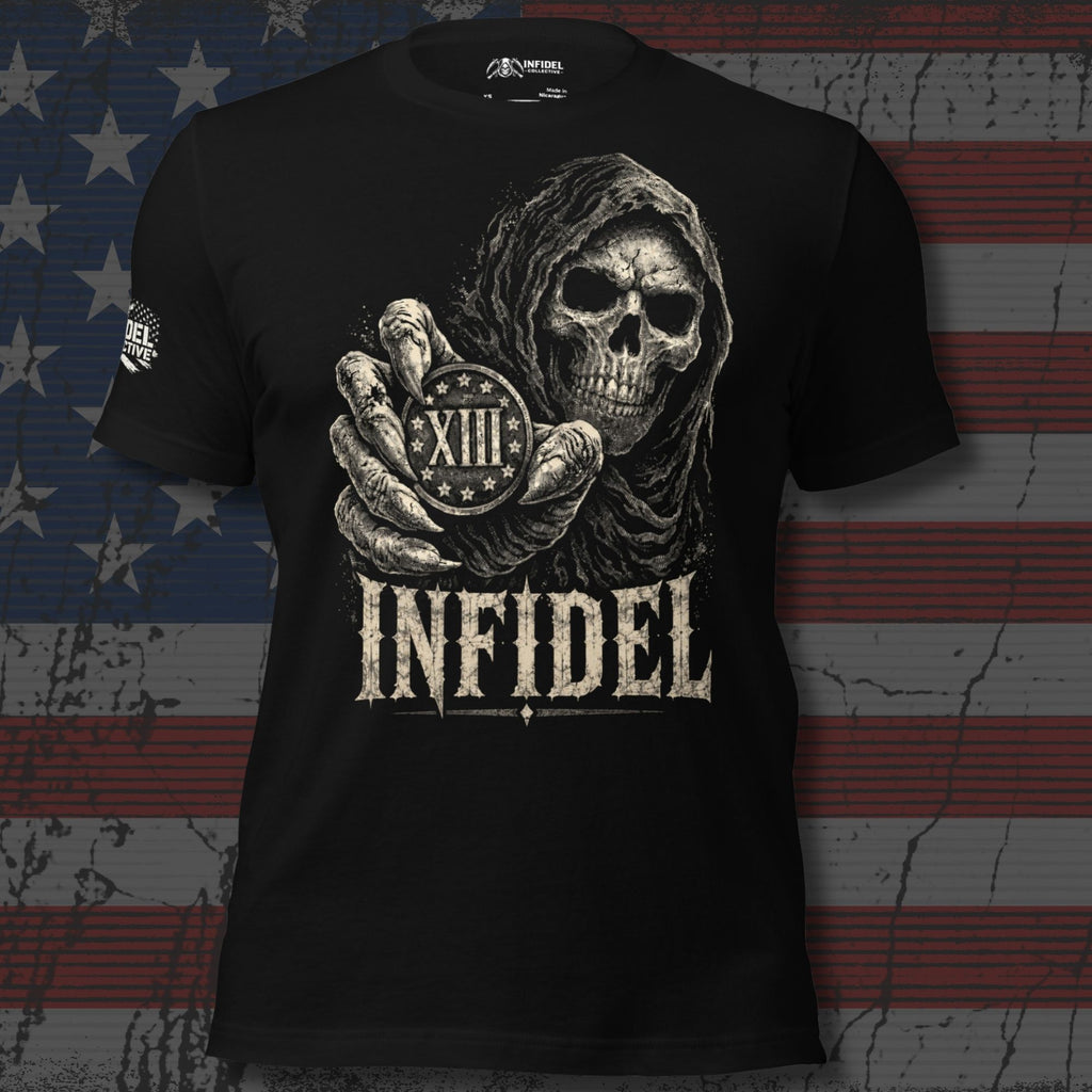 Infidel XIII reaper coin front graphic black tee from Infidel Collective