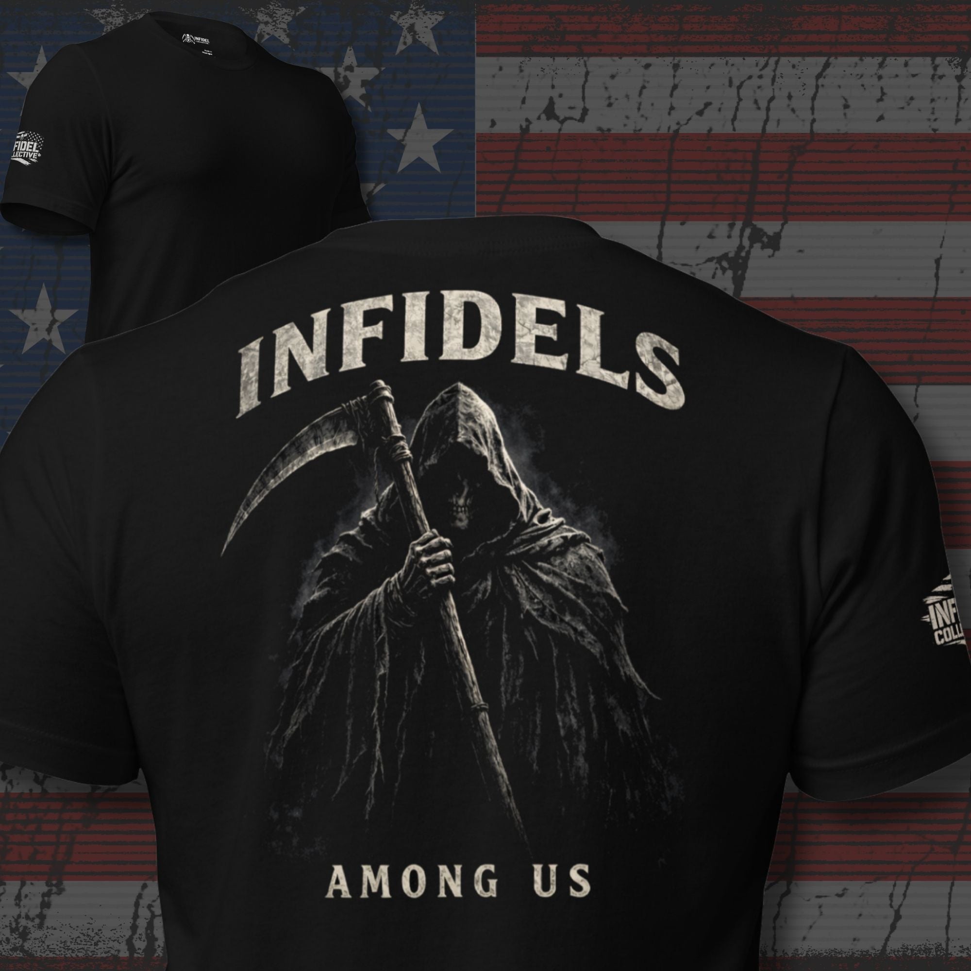 Infidels Among Us hooded reaper scythe back print black tee from Infidel Collective
