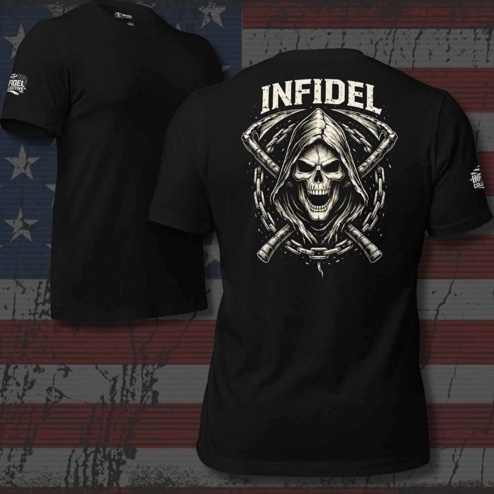 Black t-shirt with a skull and crossbones design and 'Infidel' text on an American flag background