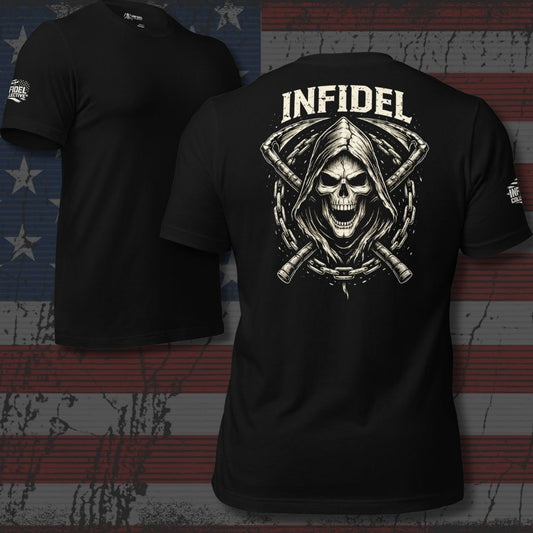 Black t-shirt with a skull and crossbones design and 'Infidel' text on an American flag background