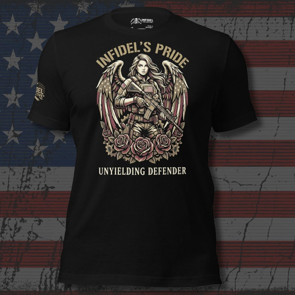 Infidel’s Pride Unyielding Defender patriotic women’s front print black tee from Infidel Collective