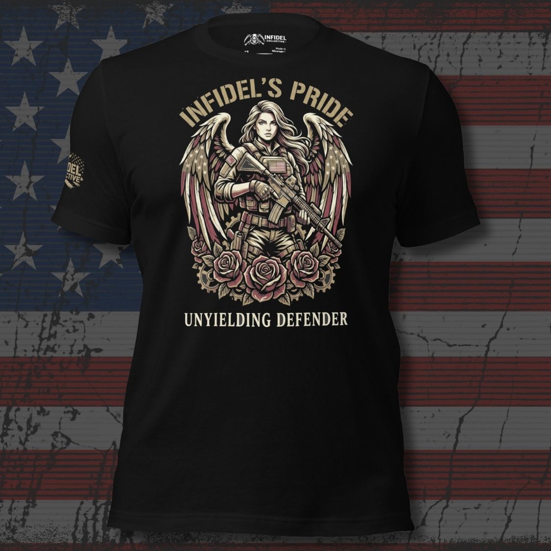 Black t-shirt with graphic design and text on an American flag background
