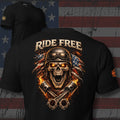 Ride Free biker skull with American flag and crossed pistons back print black tee from Infidel Collective